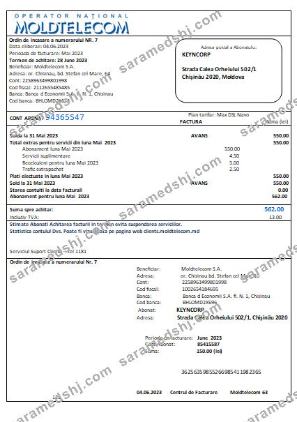 Moldtelecom utility business bill, SCR
